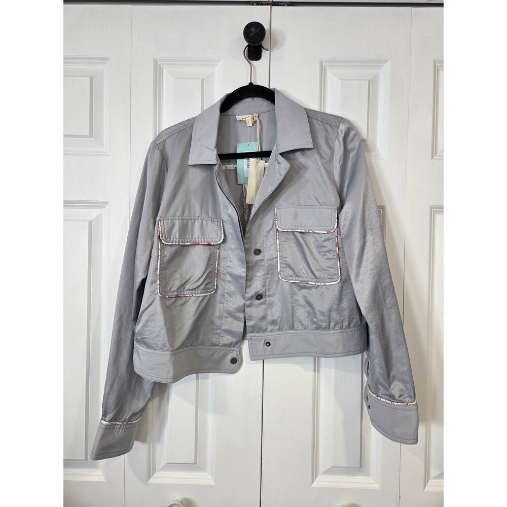 NWT Mystree Gray Satin with Floral TrimLarge Crop Jacket